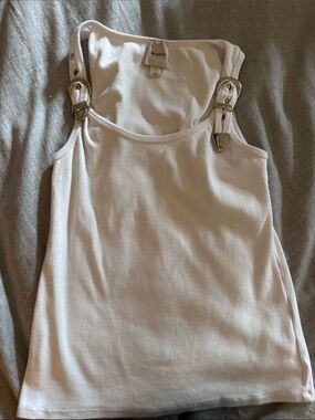 Maeve Cream Ribbed Tank with Buckle-Strap Accents